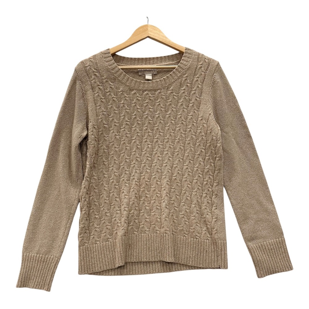 Banana Republic Metallic Cable Knit Sweater L Wool Cashmere Blend Tan Gold Italy